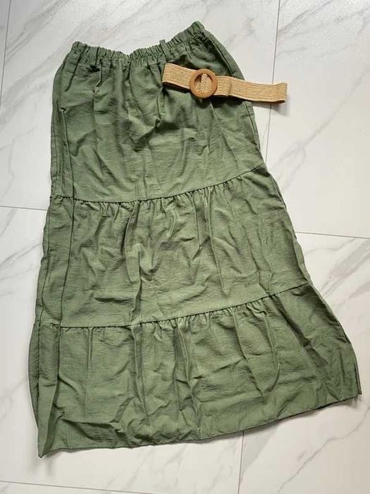 Zielona Spódnica Maxi z Wiskozy 100% Boho z paskiem Włoska