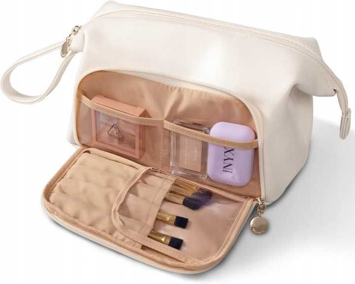 Abiudeng kosmetyczka podróżna – duża, wodoodporna, PU, przegrody, beż