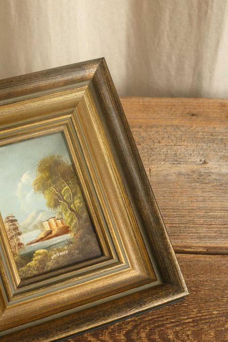 pejzaż olejny vintage w drewnianej ramie