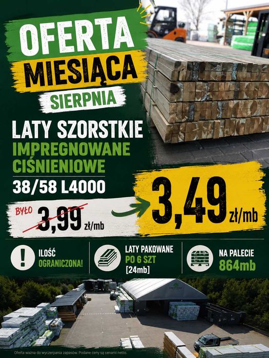 PROMOCJA ! Łaty Drewniane impregnowane 38x58mm | Drewno