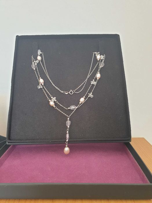 Zestaw Komplet: naszyjnik kolczyki Serbro 925 Perły i Ametysty