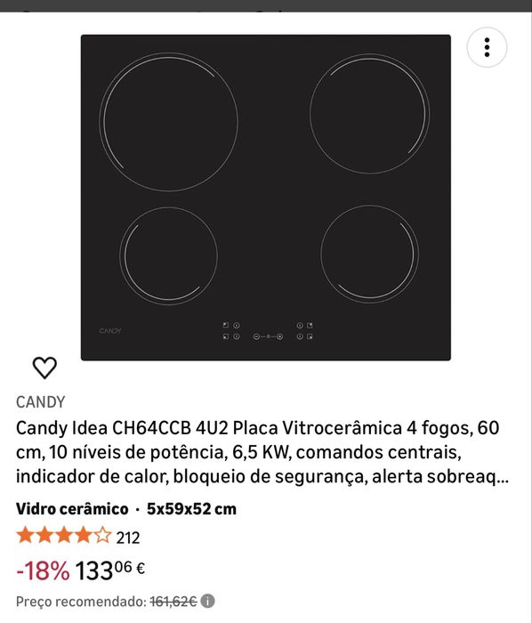 Placa vitroceramica Candy - nova com fatura e garantia