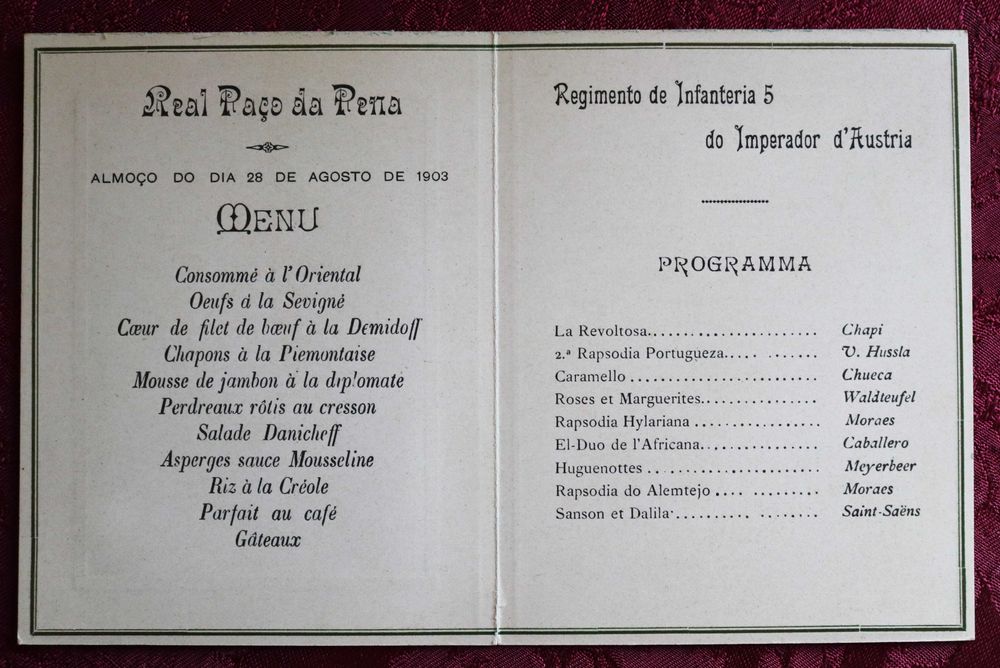 D. Carlos Sintra Real Paço da Pena menu e música, 1903 (Reserva MJS)