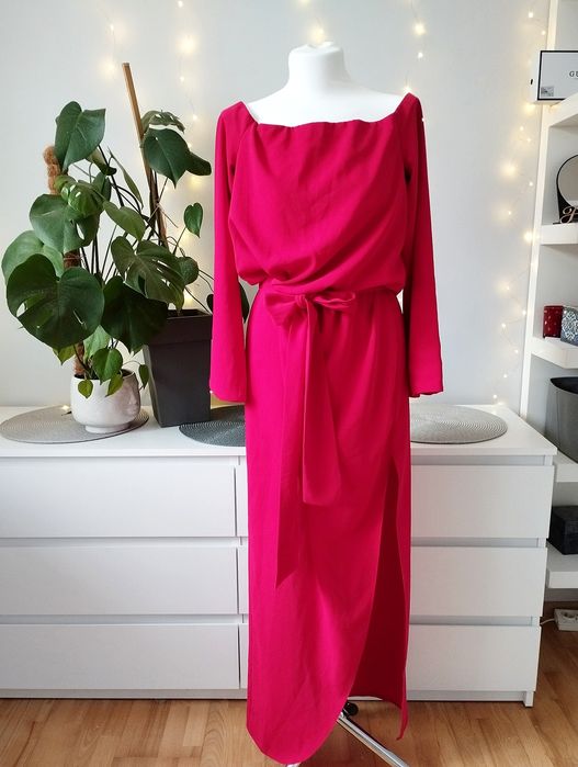 Sukienka elegancka czerwona malinowa maxi 42 XL Elit Look wieczorowa