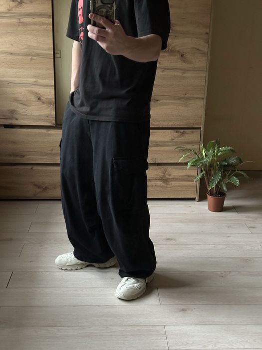 Широкі чорні чоловічі оверсайз карго штани з карманами cargo baggy Л L