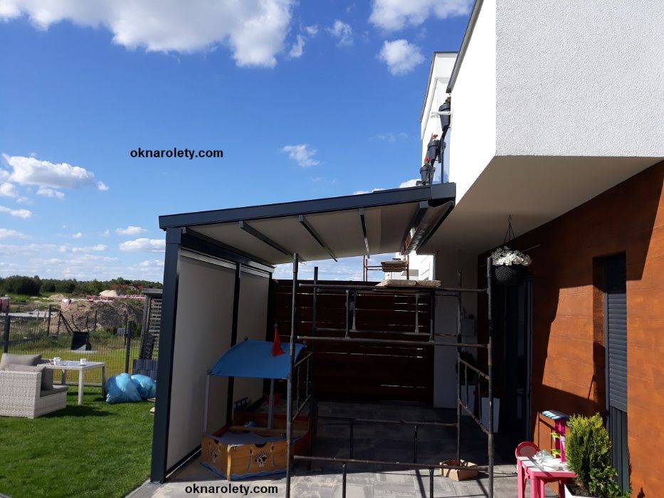 Pergola tarasowa 750x500 Aluminiowa konstrukcja 10 tkanin napęd Somfy