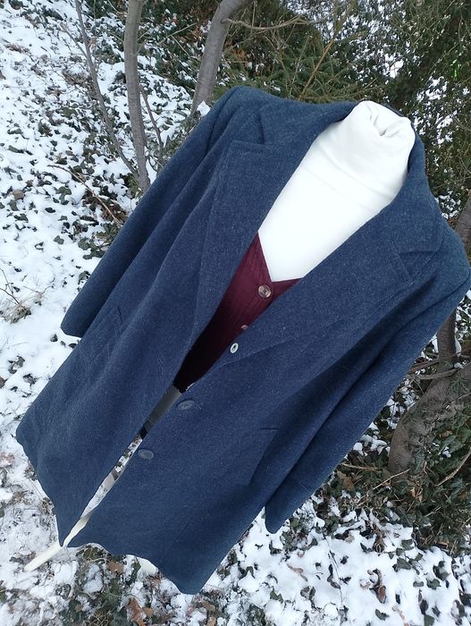 Niebieski długi wełniany płaszcz vintage M L lata 70 80