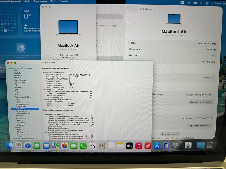 MacBook Air M4 13’ 2025р. 16/256Gb, ІДЕАЛ, 4 цикли-100%бат