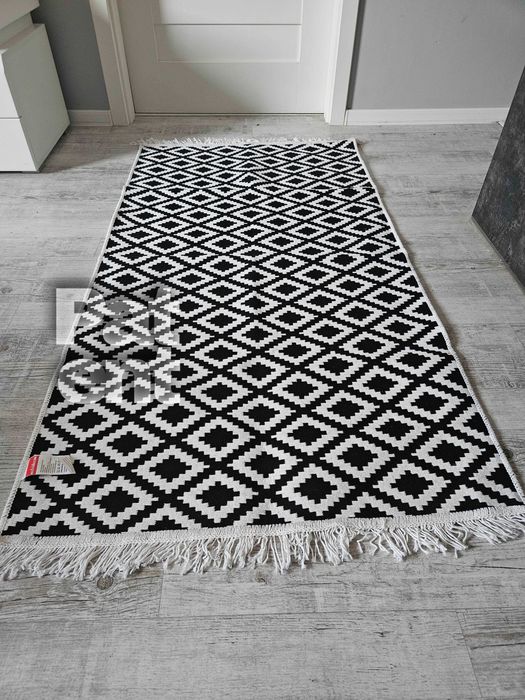 Dywan chodnik 80x150 boho etno wzór romby z frędzlami do salonu
