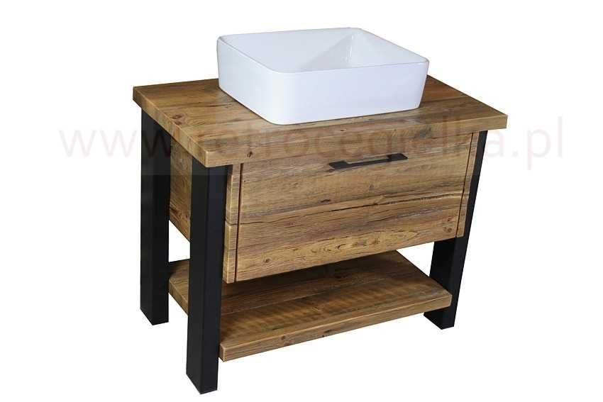 Szafka łazienkowa, stare drewno sosnowe, stalowe nogi