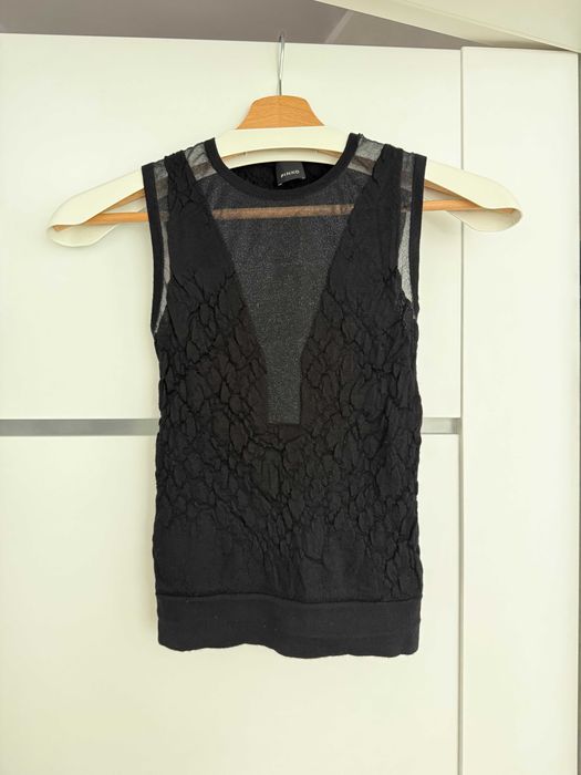 Top czarny Pinko XS elegancki sweterkowy dekolt siateczka