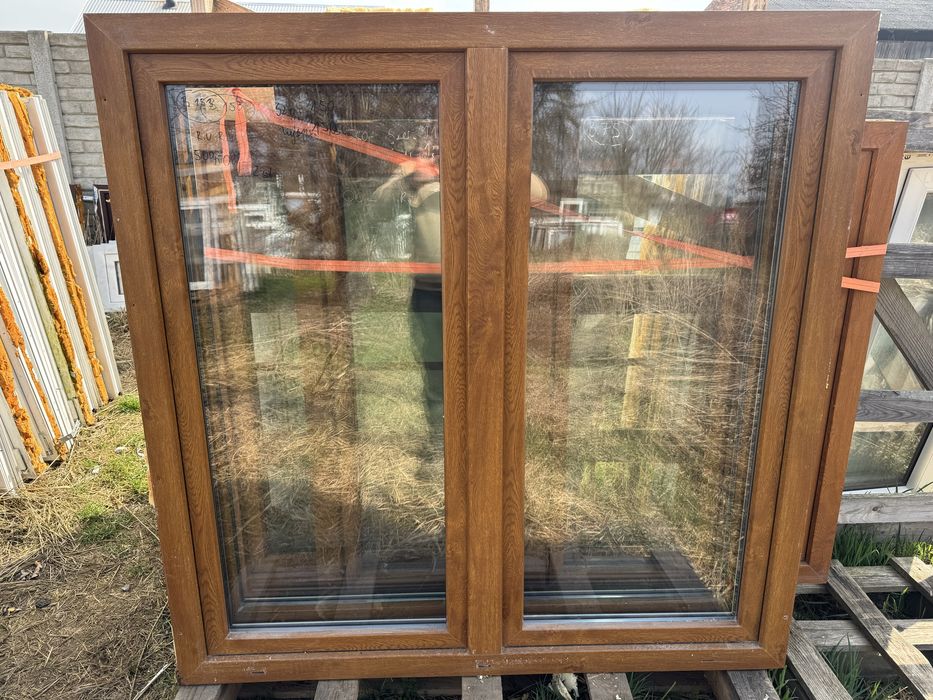 2x okno plastikowe 150x150 zloty dab dzielone na pol ru biale wysylka