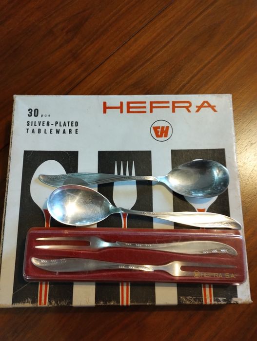 Rozbudowany zestaw serwis Hefra sztućce posrebrz