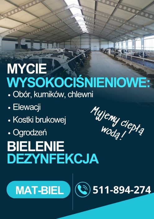 Mycie bielenie obór, kurników, elewacji dezynfekcja białkowanie