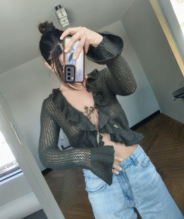 Vintage sweter kardigan bluzka sznurowana M