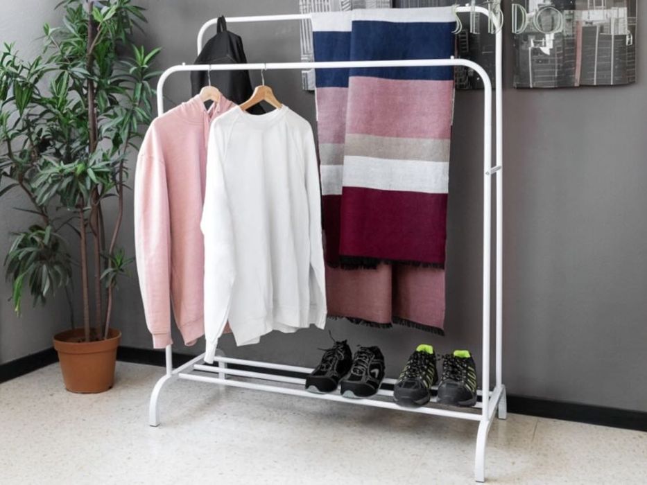 PODWÓJNY wieszak stojak na ubrania buty kurtki duży metalowy biały