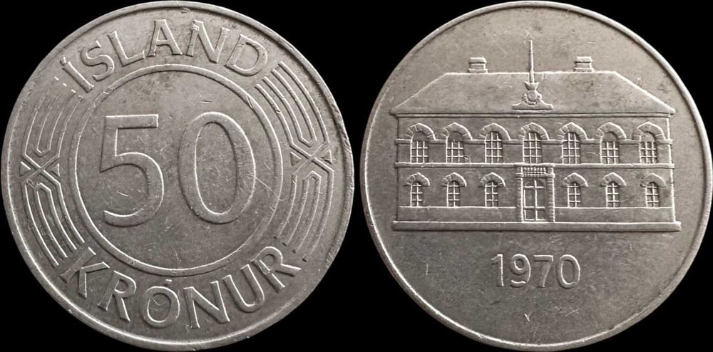 50 Kronur - 1970 - Islândia - Edifício do Parlamento em Reiquejavique