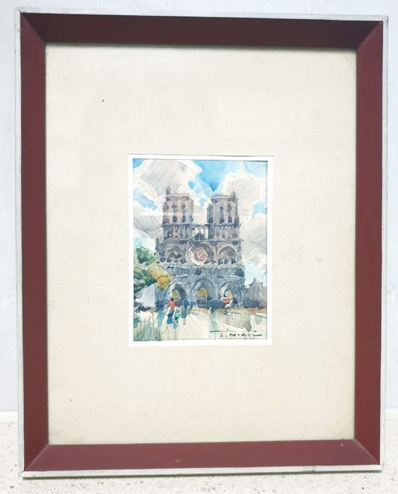Pequena antiga aquarela assinada - Catedral de Notre Dame
