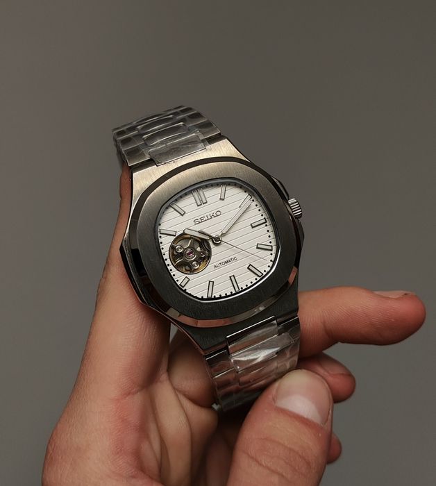 Seiko MOD Nautilus Biały White Silver Srebrny Open Heart Custom NOWY