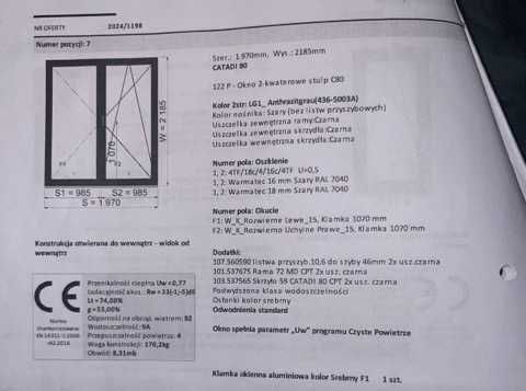 okno balkonowe PCV 1970x2185mm nowe antracyt