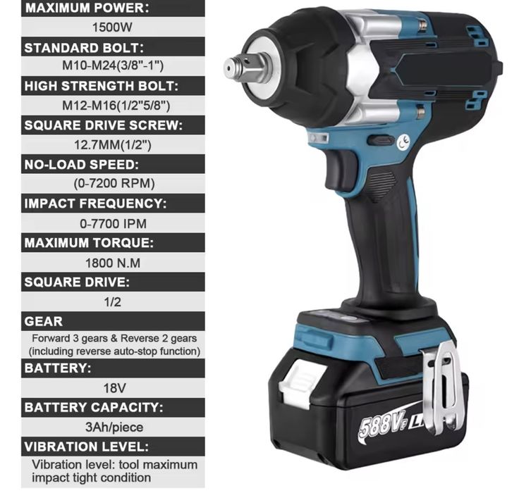 Chave de Impacto Sem Escovas 1800N.m para Bateria Makita 21V, Ferramen