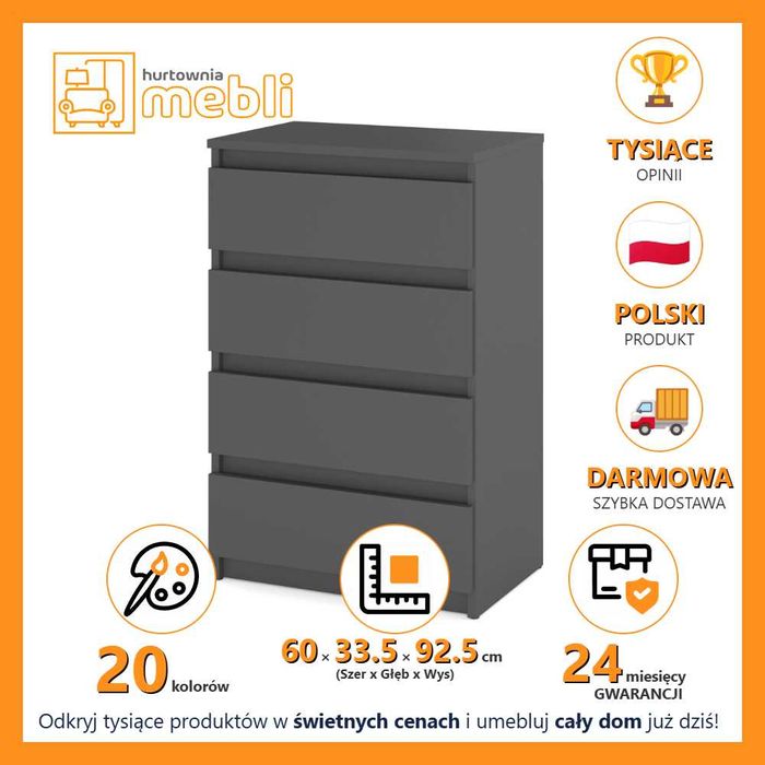 Komoda Nowoczesna Do Salonu Hugo 60cm Szafka 4 Szuflady Młodzieżowa