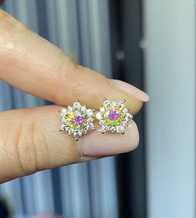Срібні сережки з діамантами муасанітами колір веселка 0.5 ct*2. Сертифікат