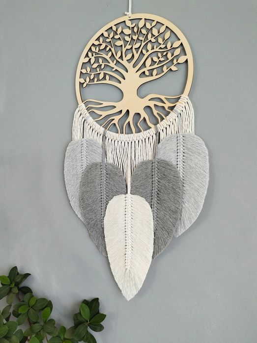Łapacz snów drzewo życia Makrama drzewo szczęścia szary BOHO