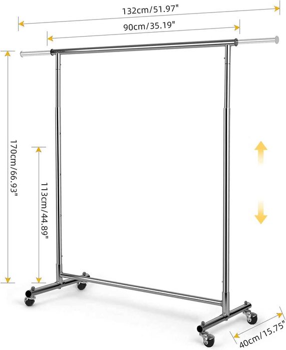 Estendal de Roupa com Rodas Cromado | Cabideiro Ajustável e Extensível 90–132cm | Altura Regulável 113–170cm | Suporte de Roupa com Rodízios