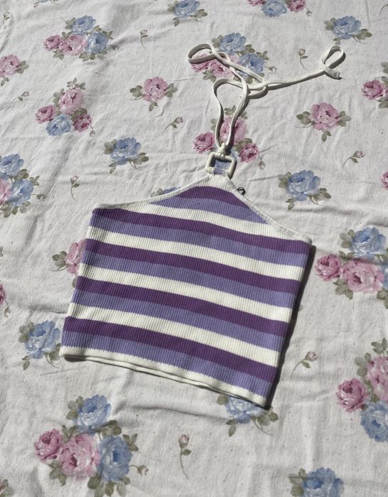 Fioletowy crop top w paski wiązany na szyi M 38 H&M halter nowy