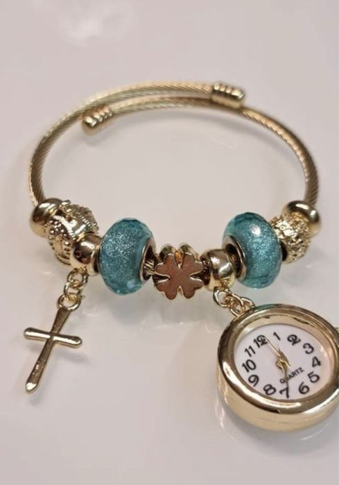 Bransoletka charms zawieszki niebieska krzyżyk zegarki