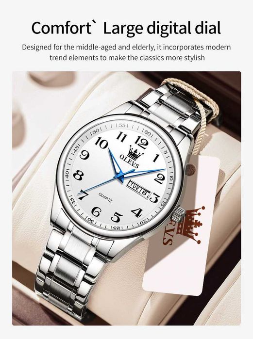 Zegarek klasyczny Olevs z biała tarcza 40mm datownik WR30 pudełko