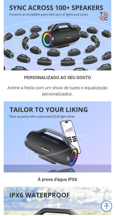 Coluna de Som Tronsmart Bang Max, potente 130W À prova d'água IPX6