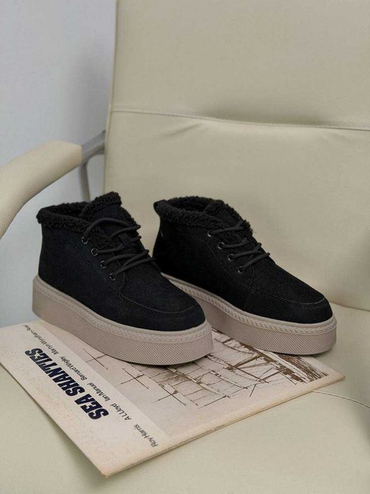 Жіночі зимові кросівки-черевики чорні, на хутрі, 36-41, замшеві