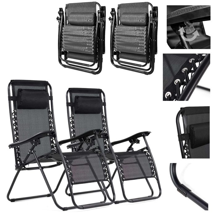 Leżak Składany Zero Gravity czarny ogrodowy zestaw 2 sztuki lekki