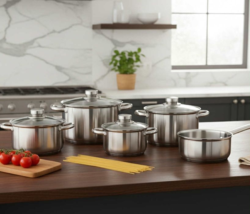 Zestaw garnków ze stali nierdzewnej – 10 elementów (z pokrywkami)