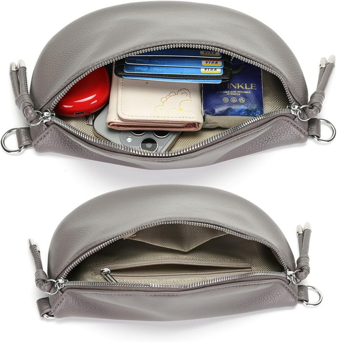 Torebka damska crossbody nerka - skóra PU - szara 25x15x8 cm