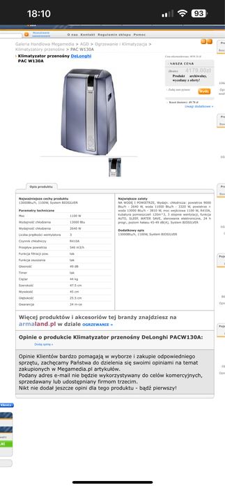 Klimatyzator Delonghi Pac W130 a