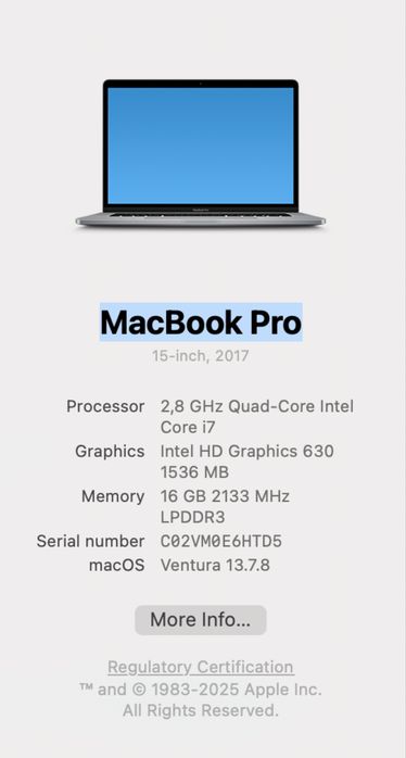 MacBook Pro 15” | 2017 | i7 | 16GB RAM | macOS Ventura