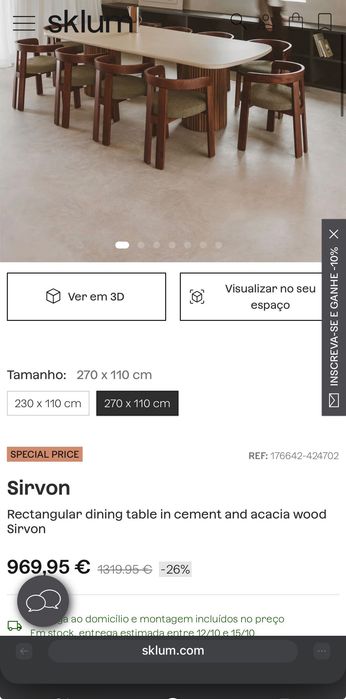 Tampo de mesa em cimento polido 270cm