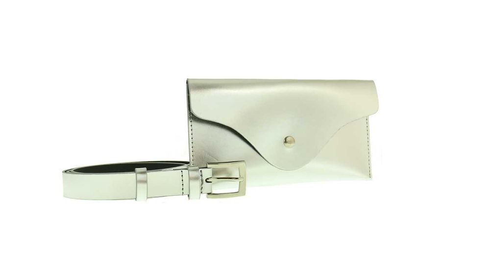 Skórzana nerka damska z paskiem na biodro ramię srebrna skóra 100% PL