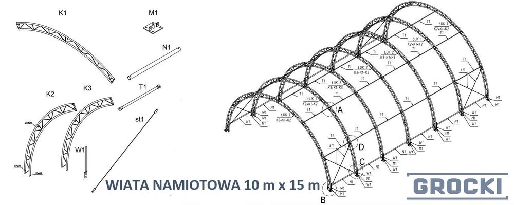 Wiata hala namiotowa 10×15 m komplet – ocynk | plandeka | zestaw śrub