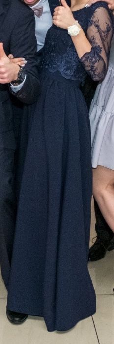 Sukienka długa granat studniówka koronka szyta na miarę
