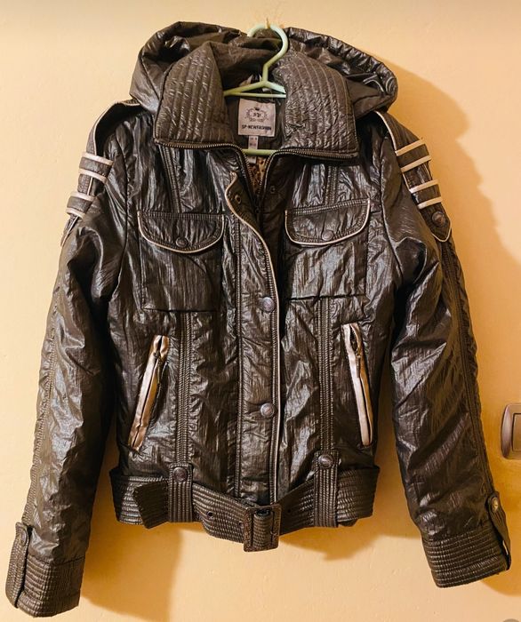SP New Fashion opalizująca kurtka złoty brąz panterka puch S/36