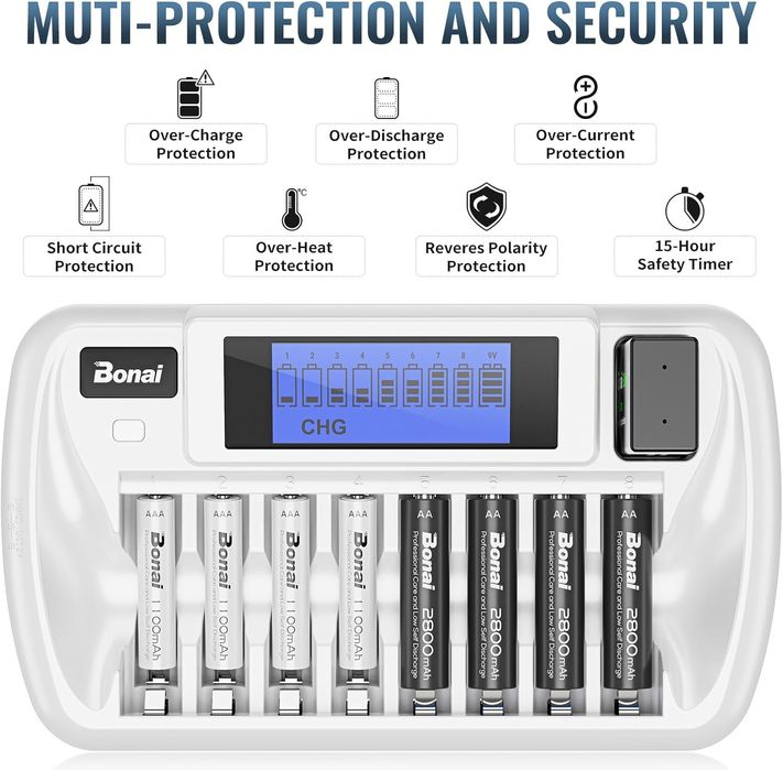 зарядний пристрій Bonai на 8+1  із РК-дисплеєм для 1,2 В NiMH AA AAA 9