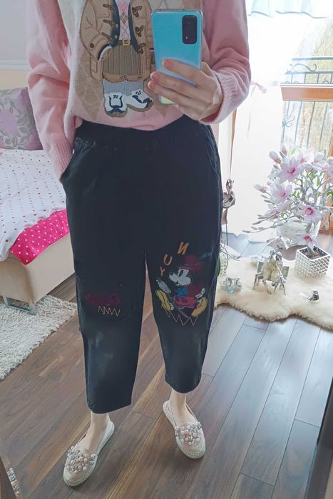 Spodnie jeansowe balony z kieszenią z Myszką Mickey