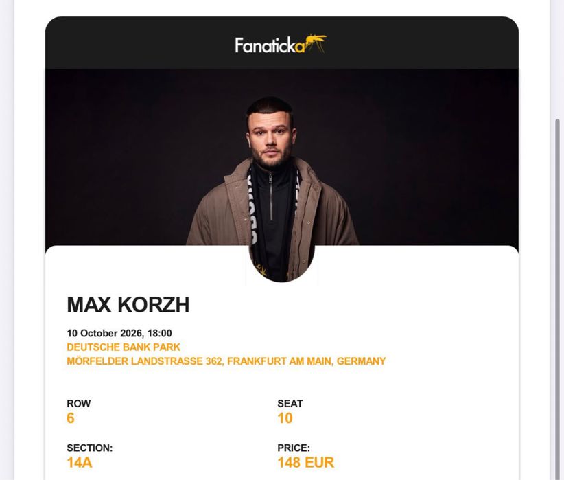 Макс Корж, 10.10 Франкфурт продам 1 билет