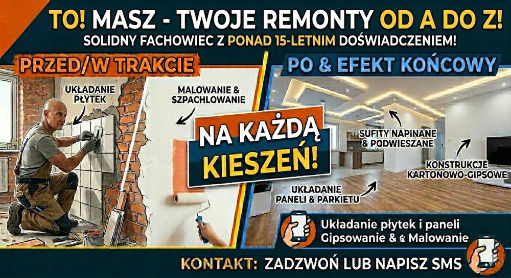 Podejmę się zleceń Wykończeniowo Budowlanych Remonty /Łazienki/Pokoje/Pomieszczenia Biurowe