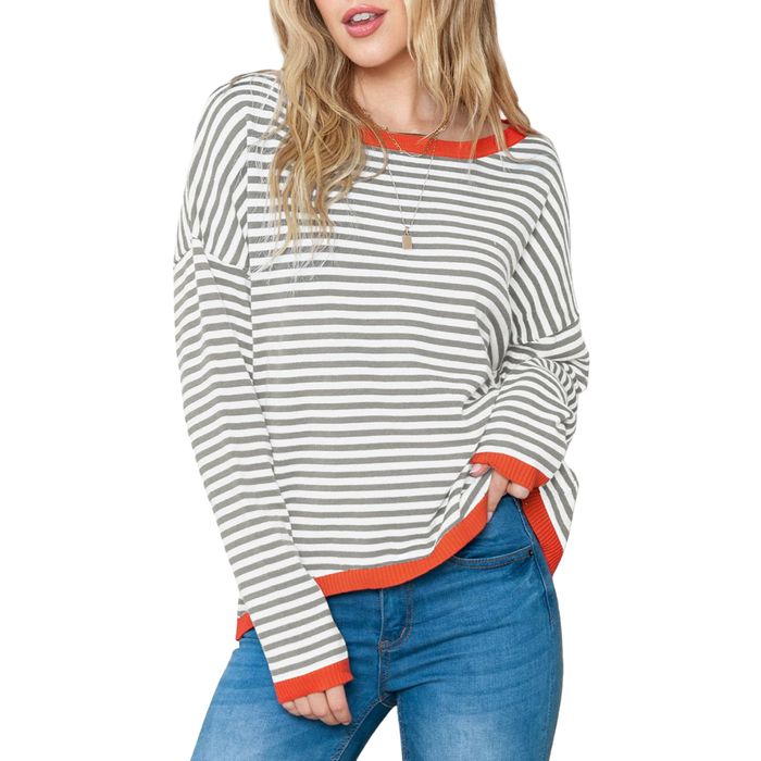 Sweter damski w paski - 100% bawełna - M, szaro-biały