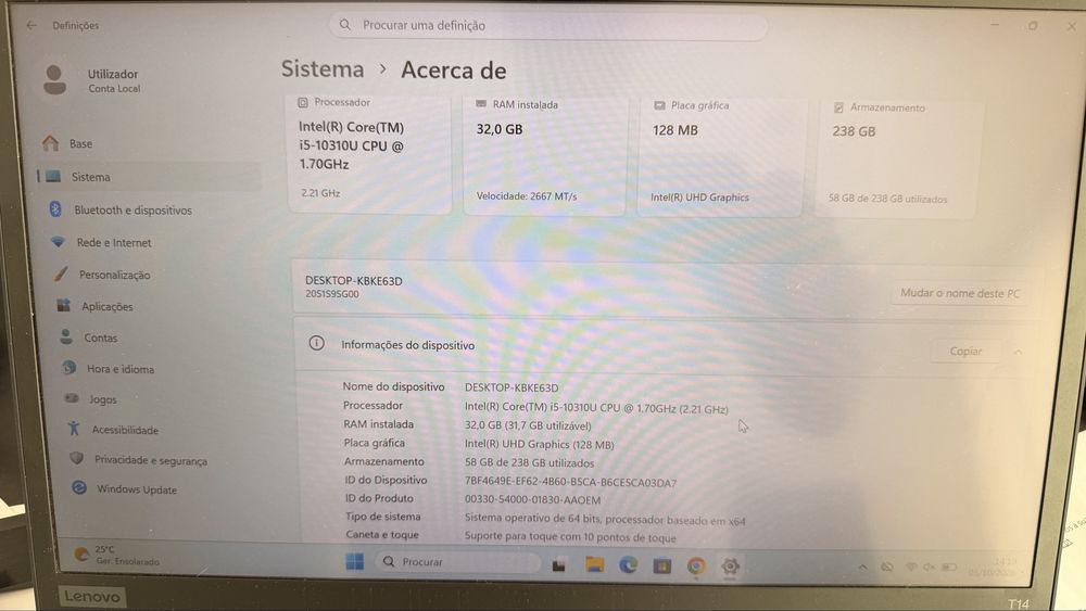 Lenovo ThinkPad T14 Gen 1 | i5 10.ª Gen | 32 GB RAM | Touchscreen